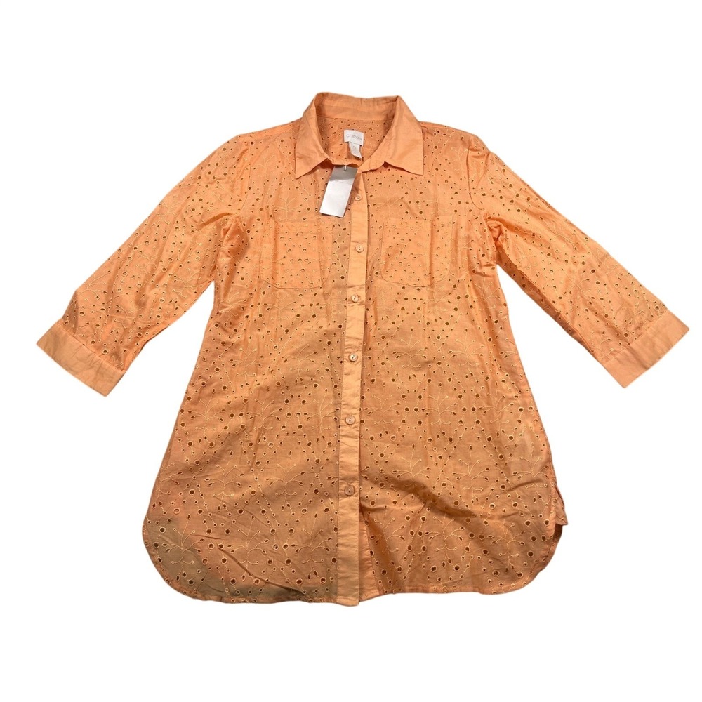 Chico's Size 0 NWT Orange Eyelet Button Down Tunic Shirt Cotton Embroidered